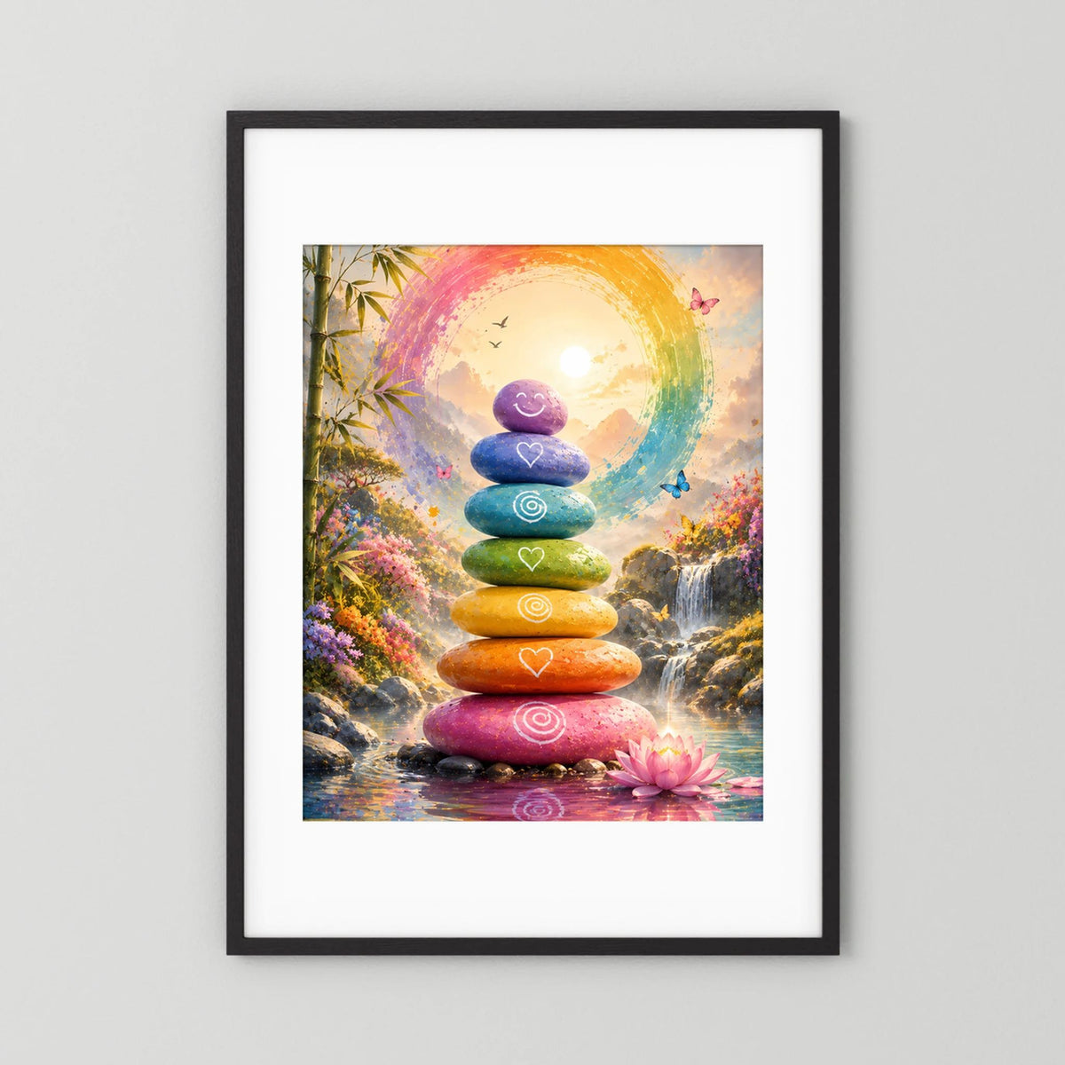 Poster im Hochformat mit schwarzem Rahmen und weißem Rand: Regenbogen-Steinturm