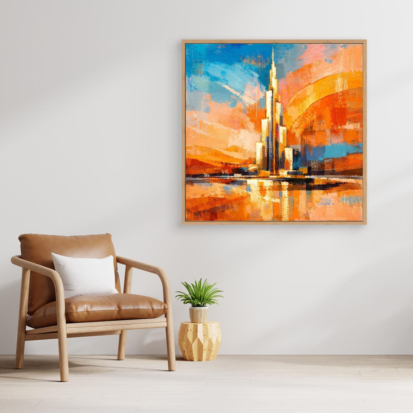 Gerahmtes Leinwand-Wandbild mit abstraktem Hochhaus-Motiv und Spiegelung, goldbrauner Rahmen