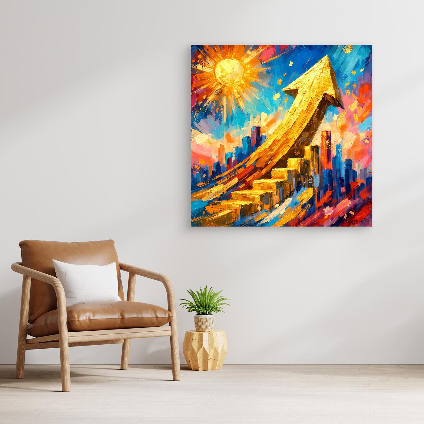 Gerahmtes Leinwandbild mit Skyline-Motiv, goldenem Pfeil und gelb leuchtender Sonne
