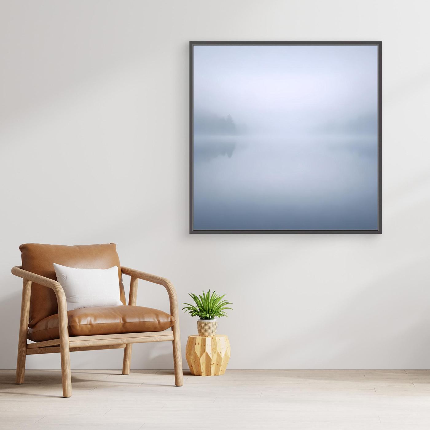 Leinwandbild Nebelsee, quadratisch, schwarz gerahmt, Blau-Grauverlauf