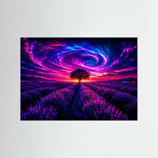 Neon-Wandbild mit lila Lavendelfeld, blauer-violetter Galaxiespirale und Baum-Motiv.