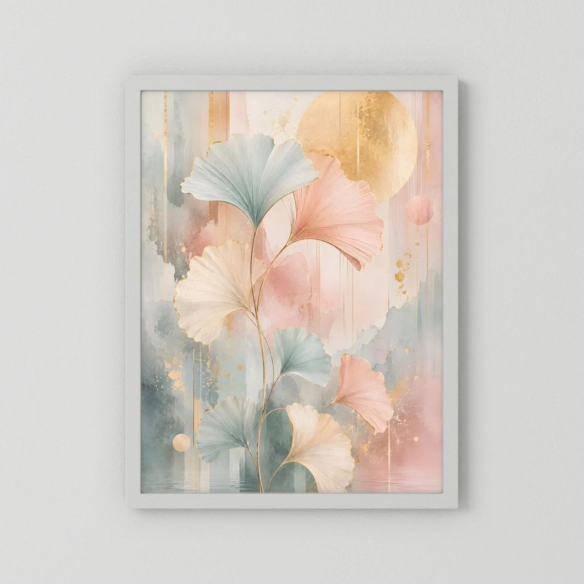 Kunstposter im Hochformat mit Blättern in Pastelltönen, Rosa, Salbeigrün und Gold, weiß gerahmt