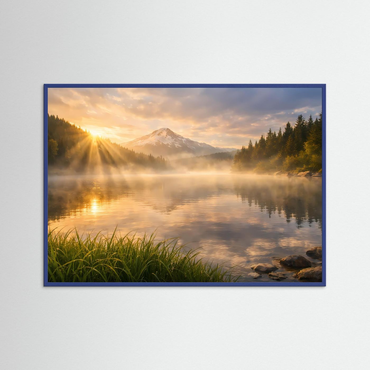 Wandbild im Querformat mit blauem Rahmen, Sonnenaufgang über See, Nebel und Berge