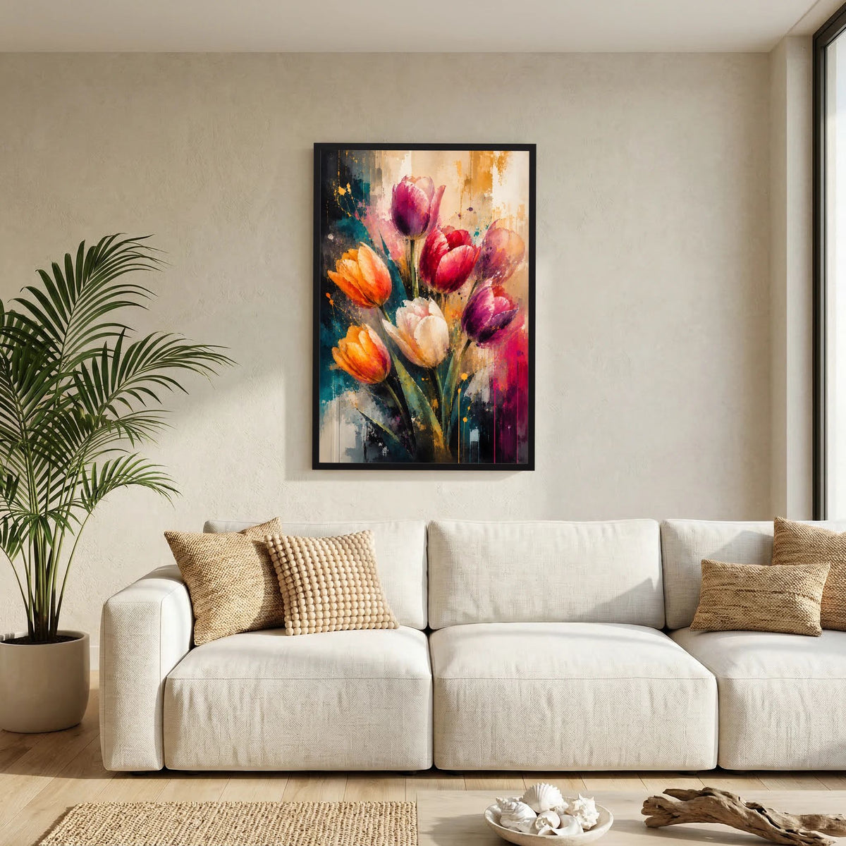 Kleines gerahmtes Kunstposter mit abstrakten Tulpen in Pink, Orange und Violett, schwarzer Rahmen
