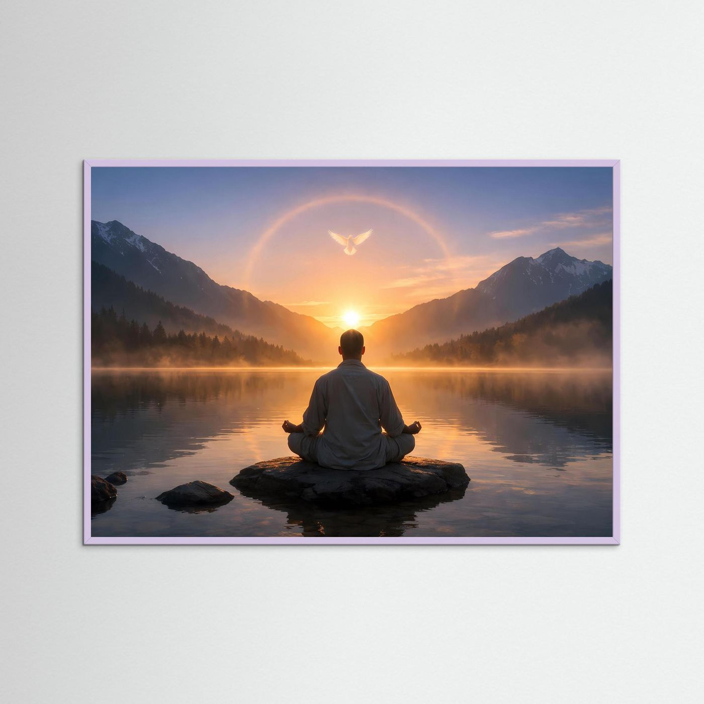 Gerahmtes Poster mit meditierender Person am Bergsee beim Sonnenaufgang, violetter Rahmen