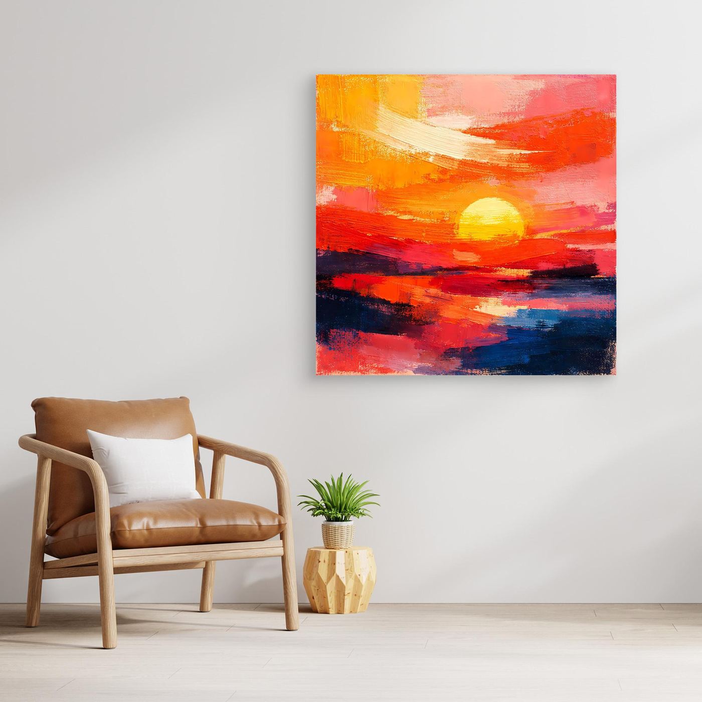 Abstract sunset seascape canvas artwork with orange sun and red, navy, and coral brushstrokes