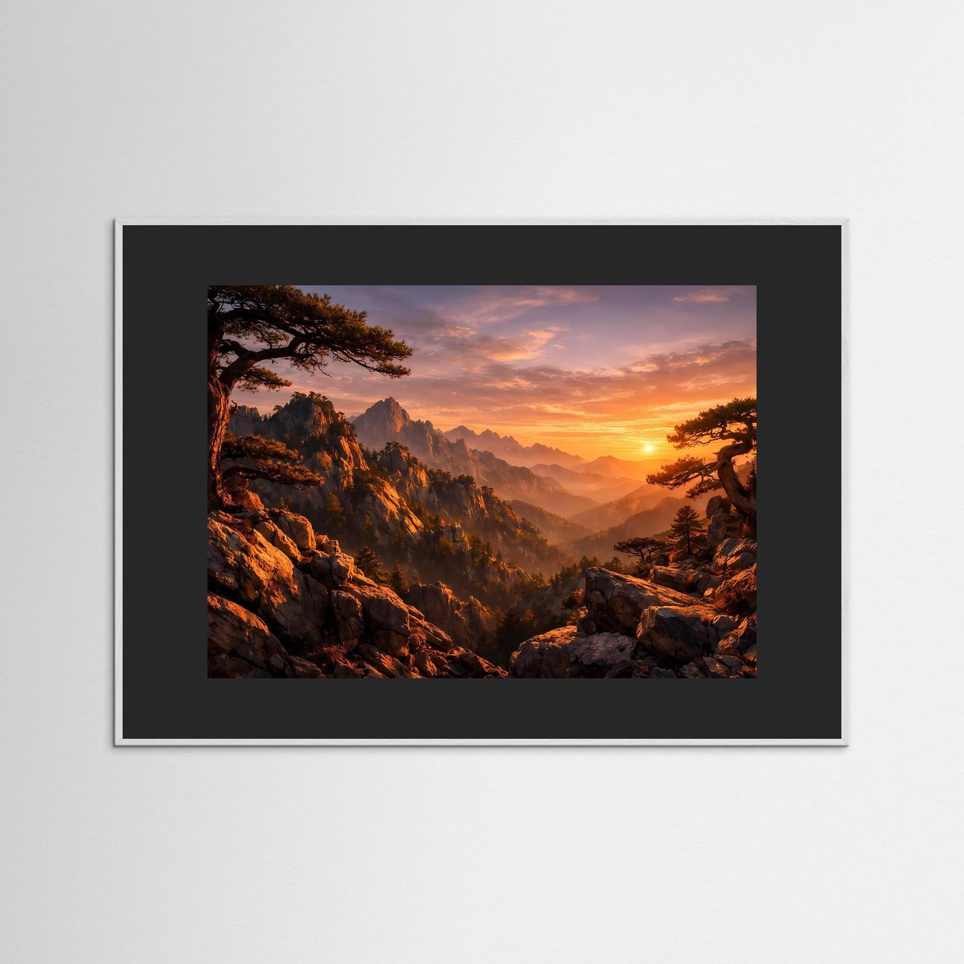 Poster Alpenlandschaft bei Sonnenuntergang, schwarzer Rahmen mit dunkler Umrandung