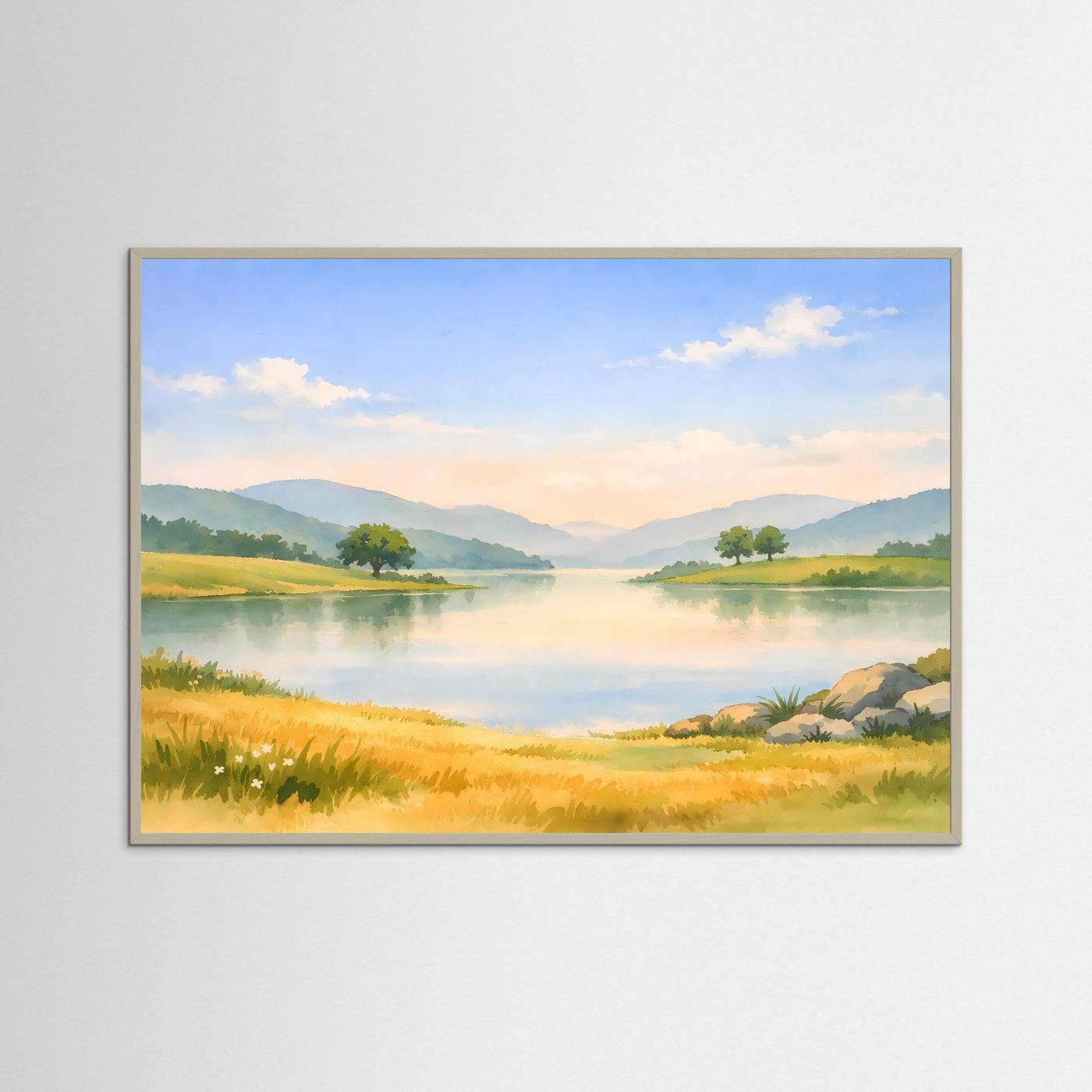 Natur-Poster im Aquarellstil im Querformat mit grauem Rahmen: See, Wiesen, Hügel