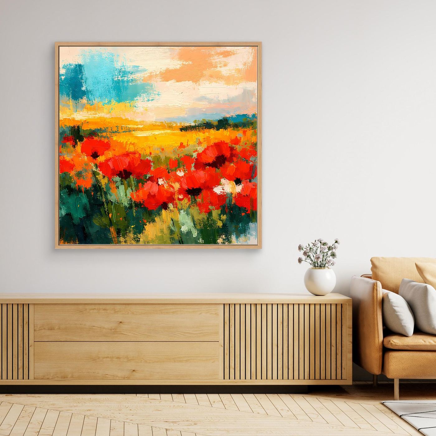 Abstract poppy field canvas wall art with wood frame