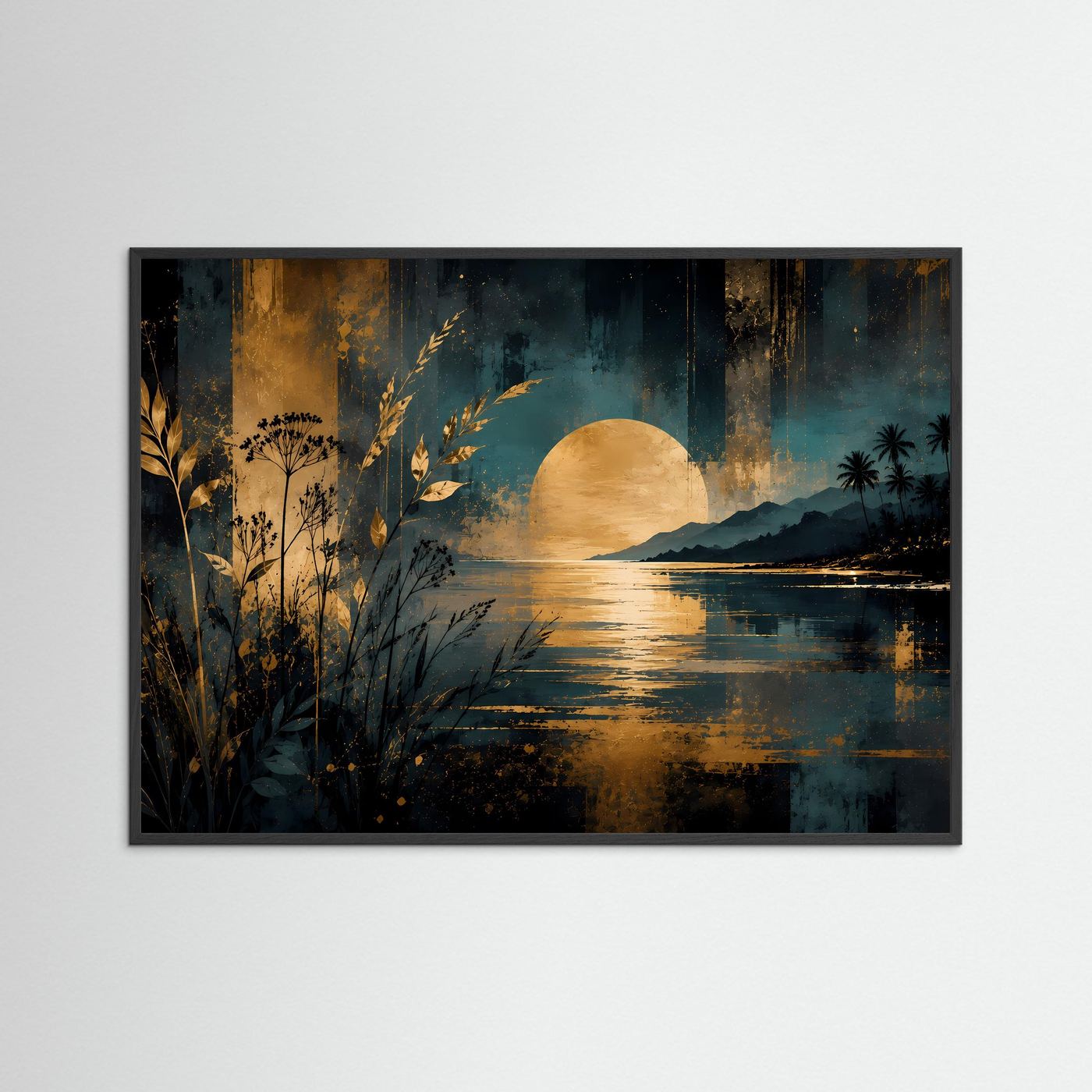 Poster im Querformat mit schwarzem Rahmen: tropische Küste, goldene Sonne, Palmen am Wasser.