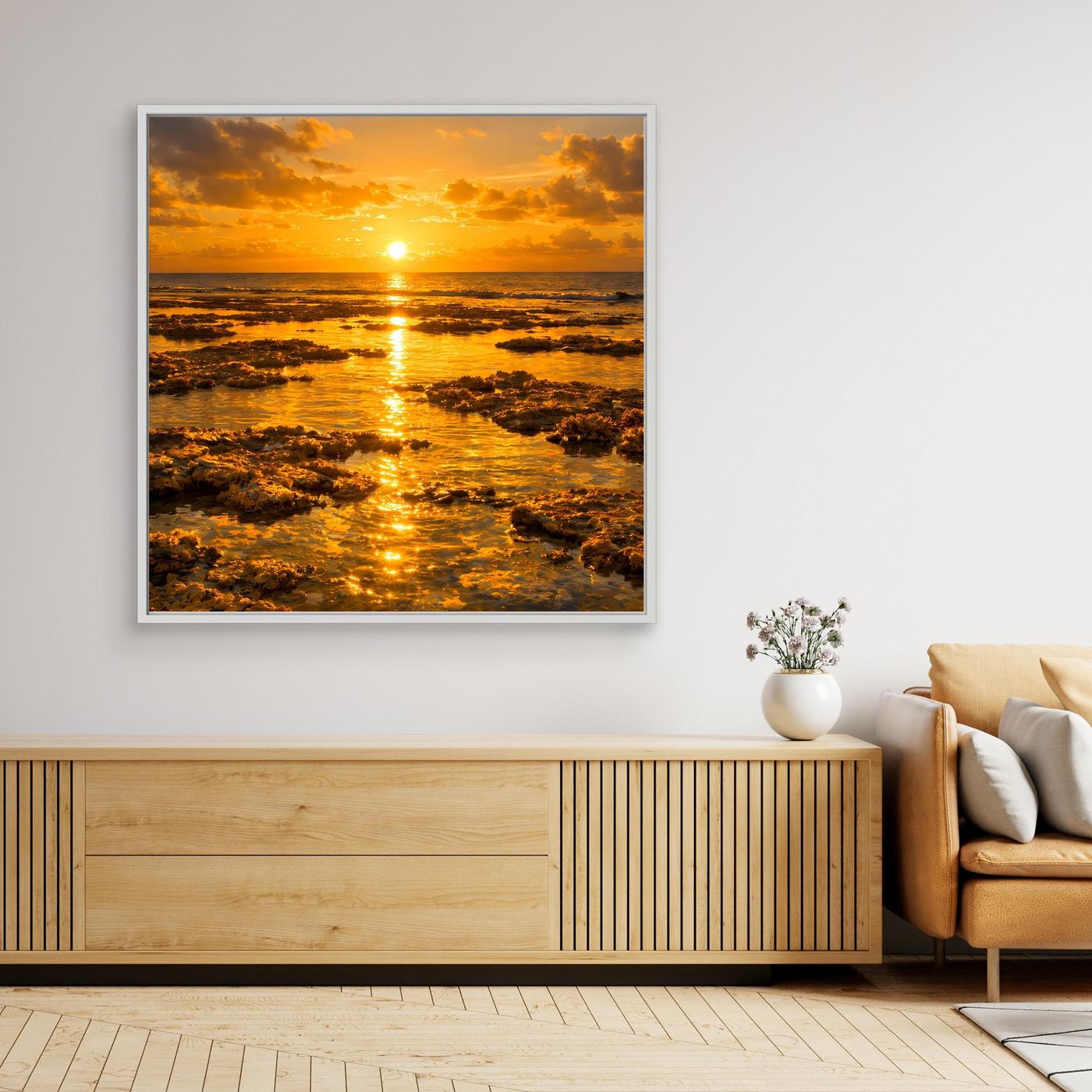 Leinwandbild Meer bei Sonnenuntergang mit weißem Rahmen