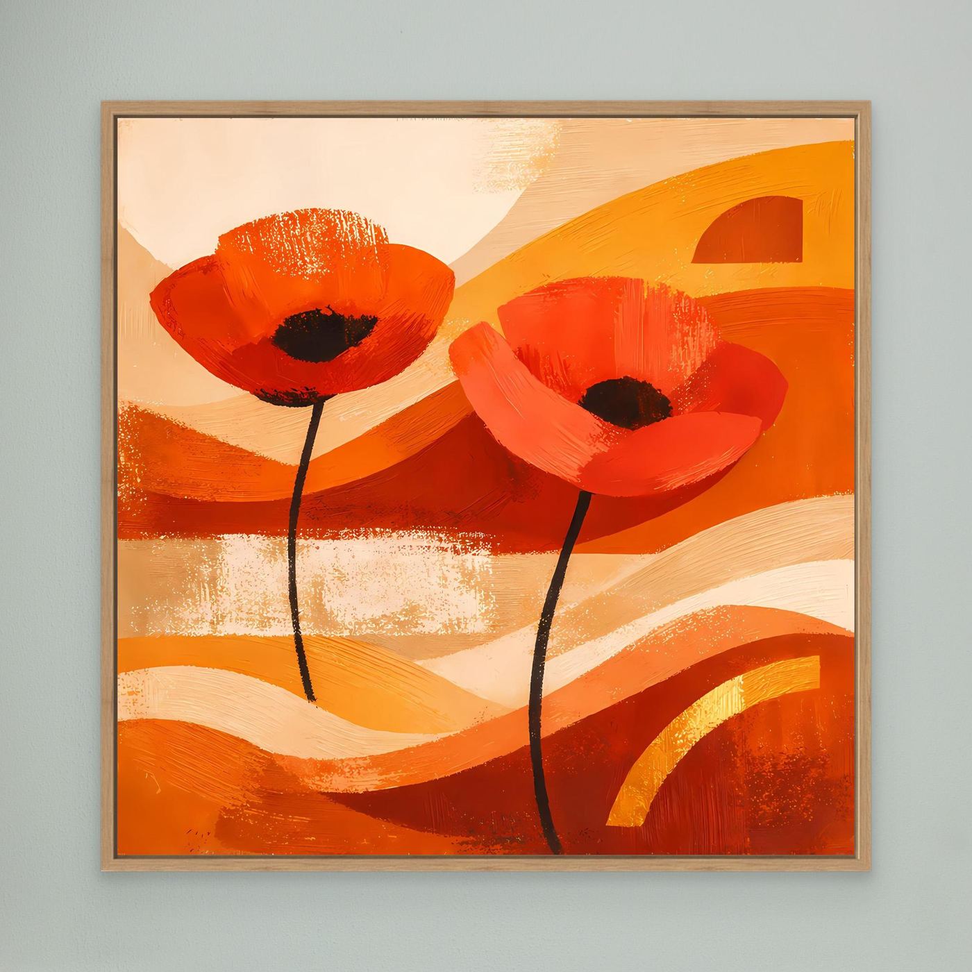 Abstraktes Leinwandbild mit orangefarbenen Mohnblüten im hellbraunen Holzrahmen