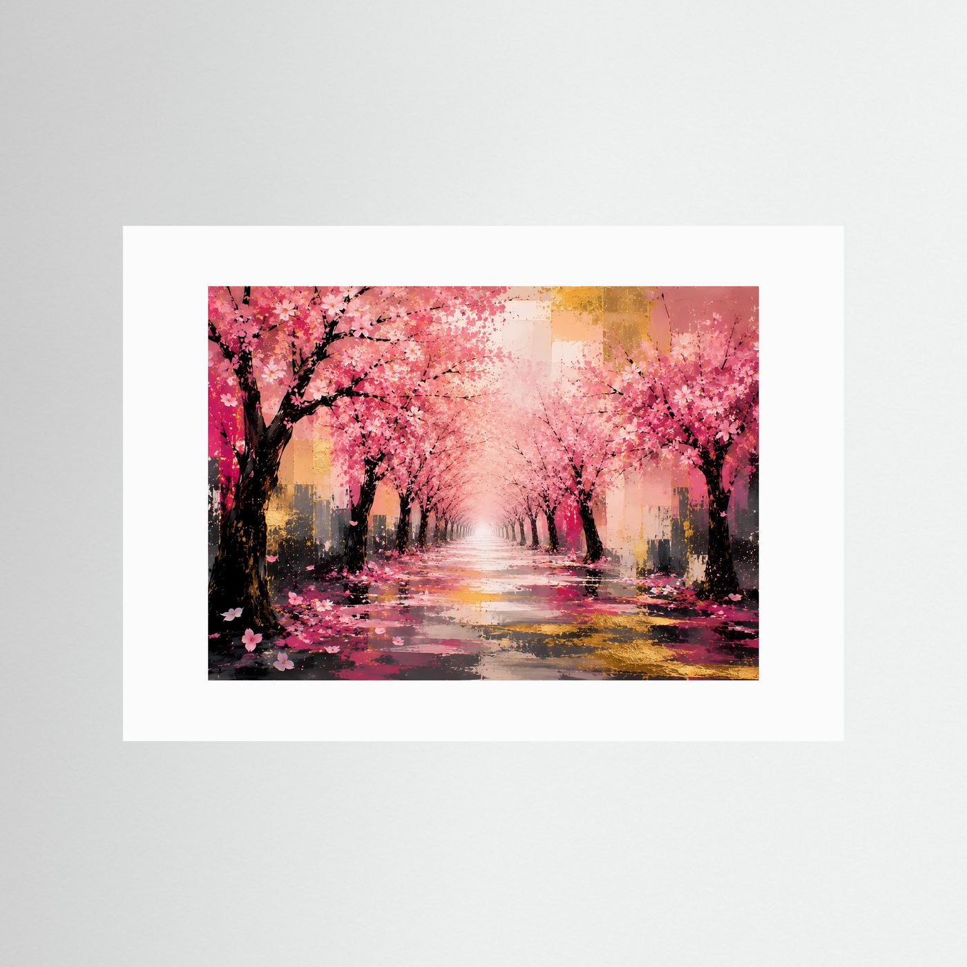 Kirschblütenallee in Rosa & Gold | Abstraktes Frühlings-Wandbild in Premiumqualität