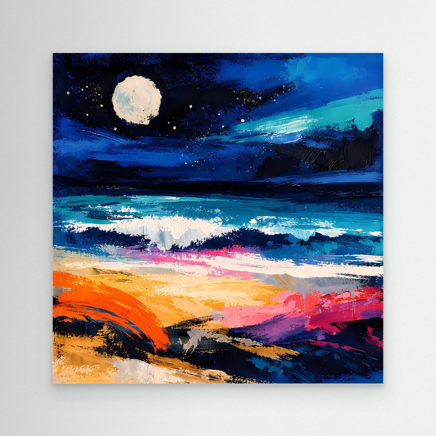 Abstraktes Leinwand-Wandbild mit hellem Vollmond über dem Meer in Blau- und Orange-Tönen