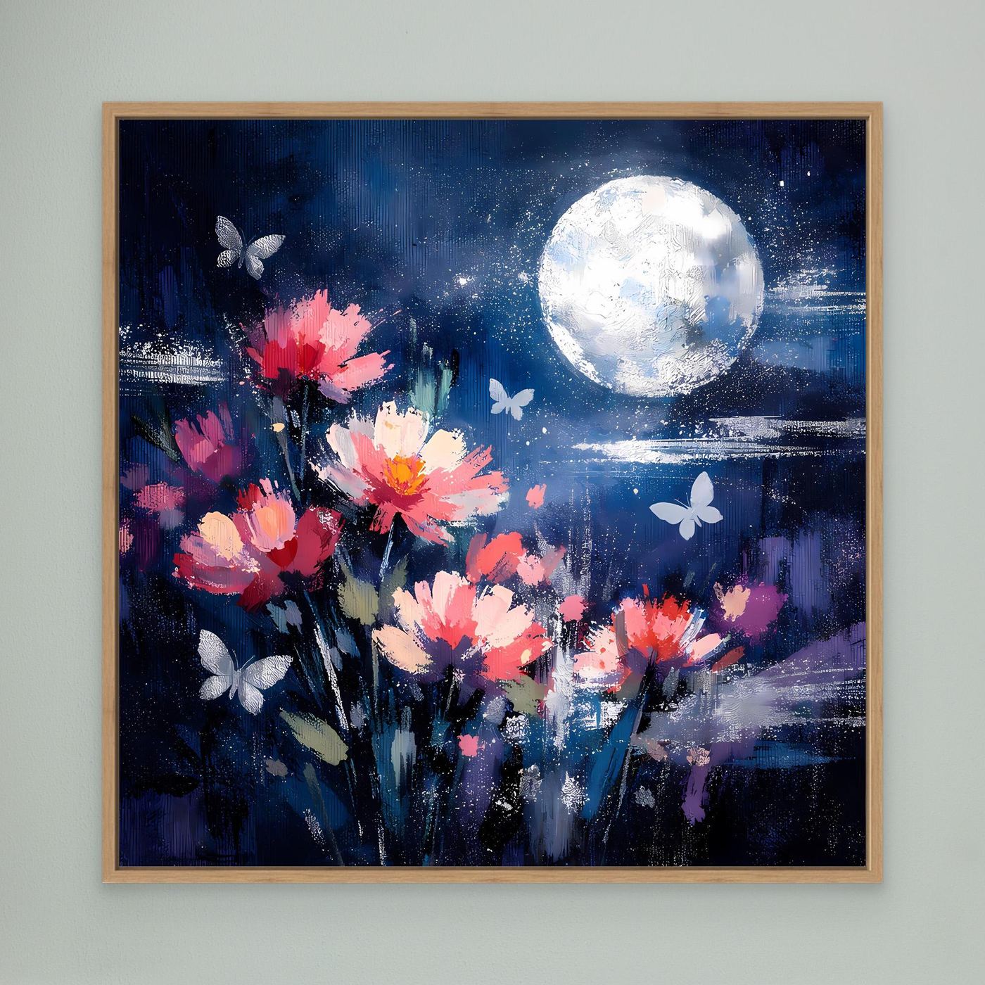 Abstraktes Blumen-Wandbild mit hellem Holzrahmen: pinke Blüten, Mond, Schmetterlinge