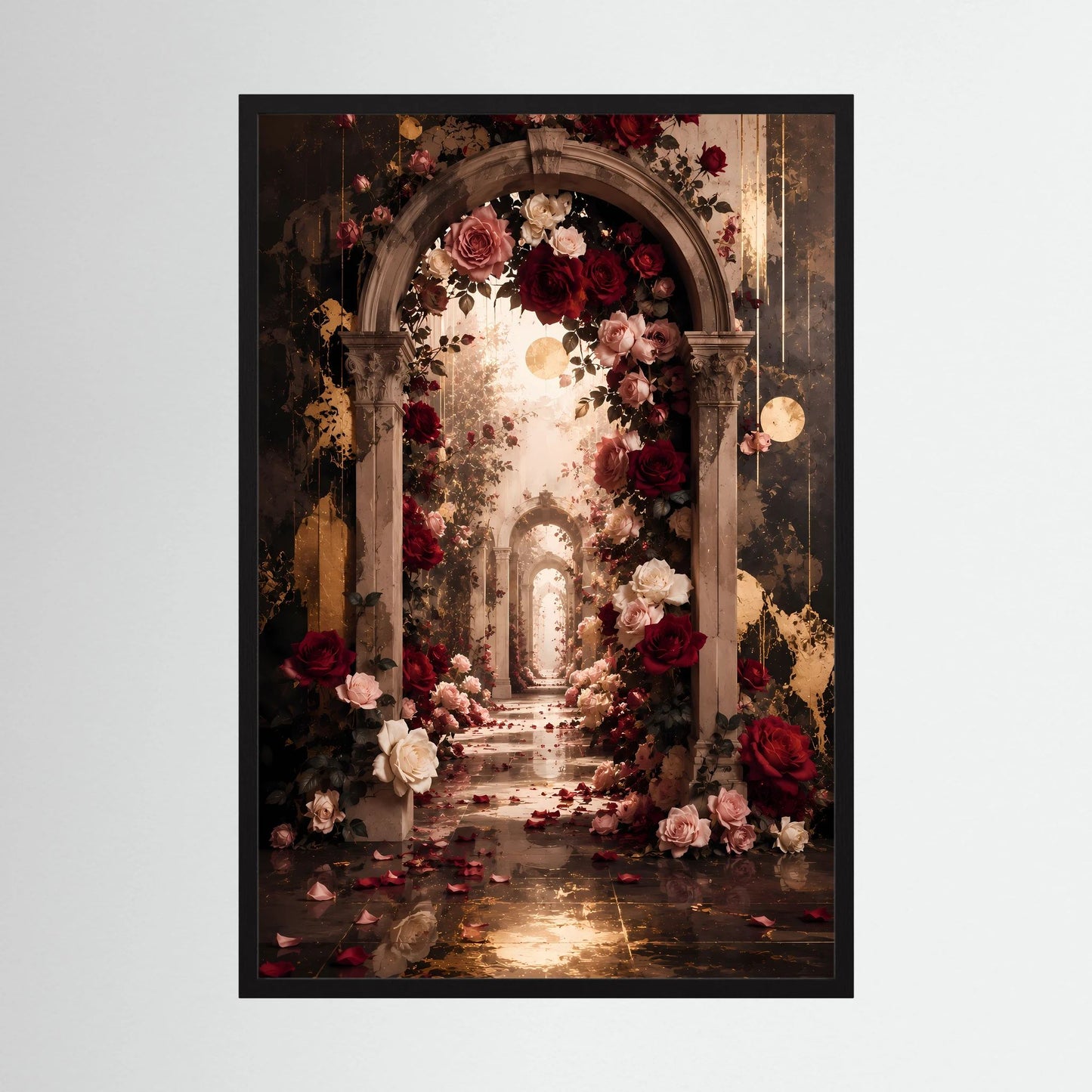 Gerahmtes Hochformat-Poster mit Rosenbogen und Blumenkranz im Torbogen
