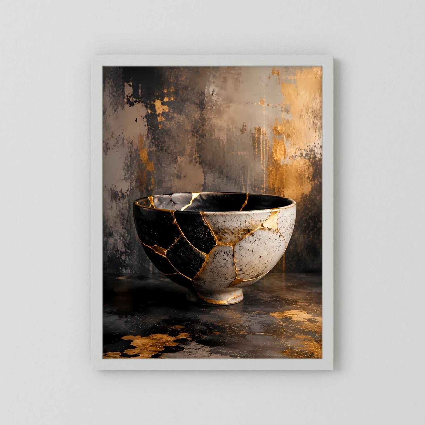 Hochformat-Poster mit Kintsugi-Schale in Schwarz und Weiß, goldene Risslinien an der Oberfläche.