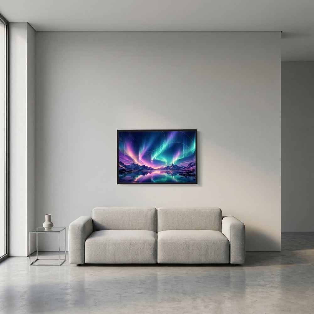 Wandposter Aurora über Berglandschaft, blau-violetter Himmel, schwarzer Rahmen