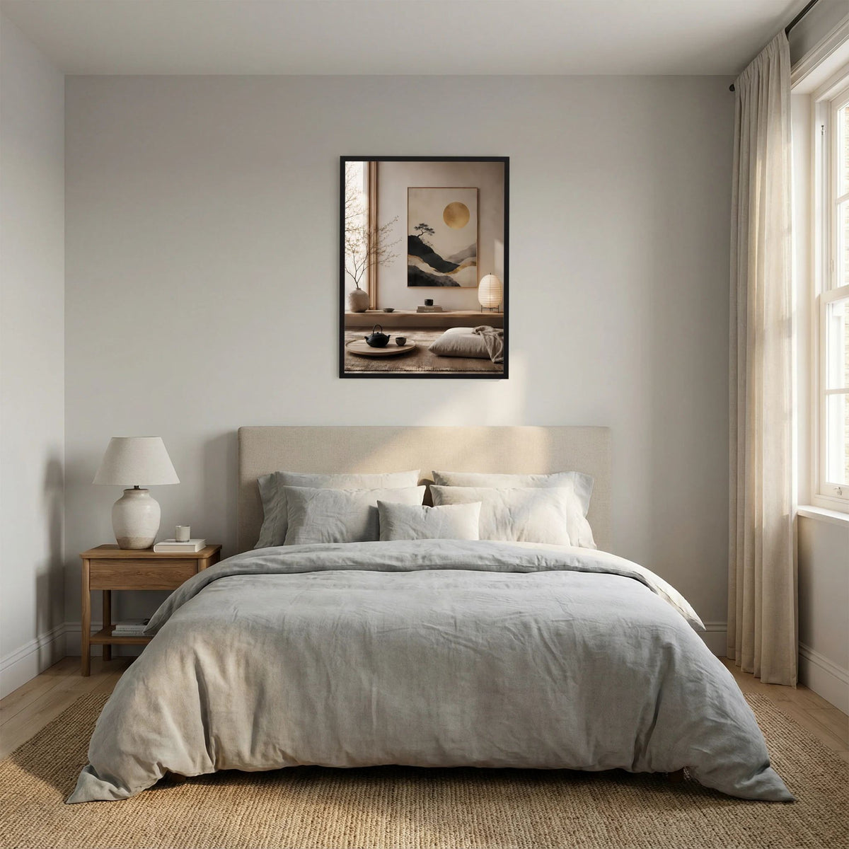 Poster im schwarzen Rahmen über Bett: goldene Sonne über Bergen, ruhige Landschaft mit Baum.