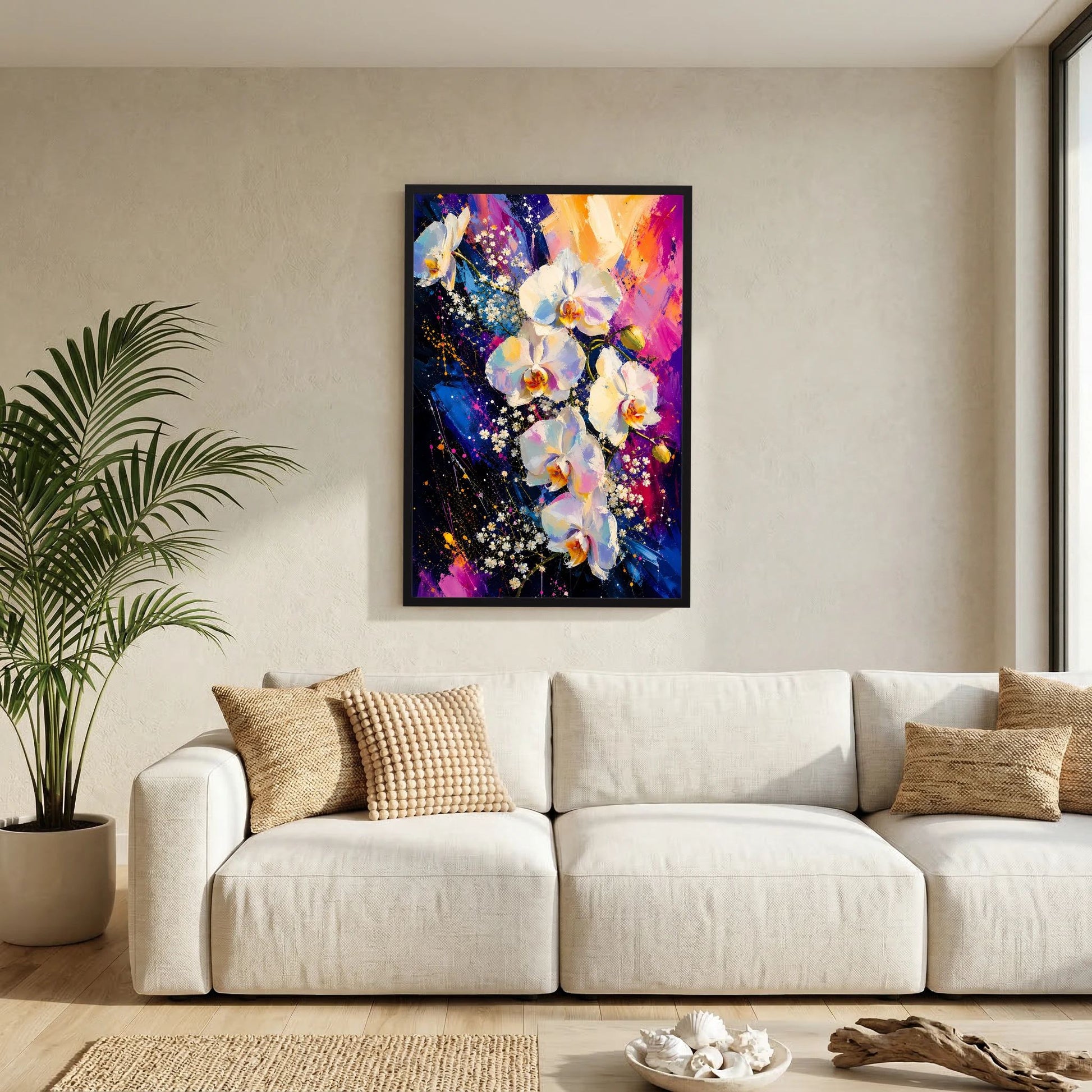 Poster mit abstrakten weißen Orchideen in Pink, Blau und Gold, schwarzer Rahmen