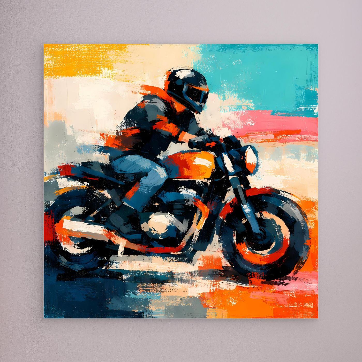 Abstract motorcycle canvas print with blue, orange, and black dynamic brushwork