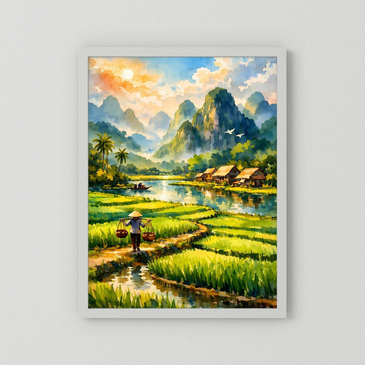 Hochformatiges Reisfelder-Poster mit Fluss, Reisterrassen, Dorfhütten, Bergen und Vögeln im weißen Kasten.