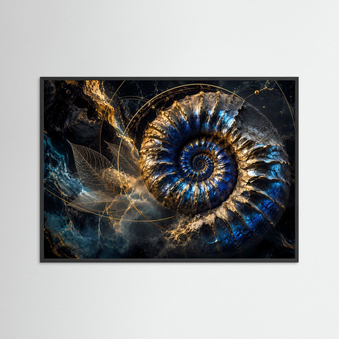 Goldener Ammonit in Tiefblau | Luxuriöse Fossil Kunst mit kosmischer Eleganz