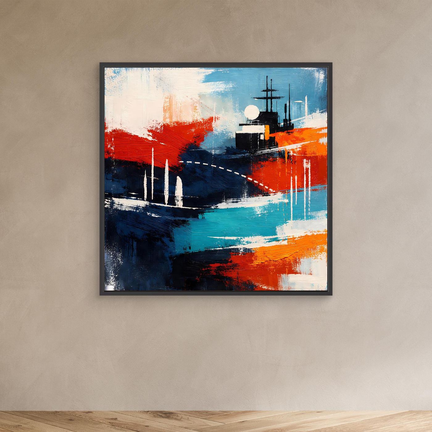 Abstraktes Leinwand-Wandbild mit Schiff in Blau, Rot und Türkis, schwarzer Rahmen
