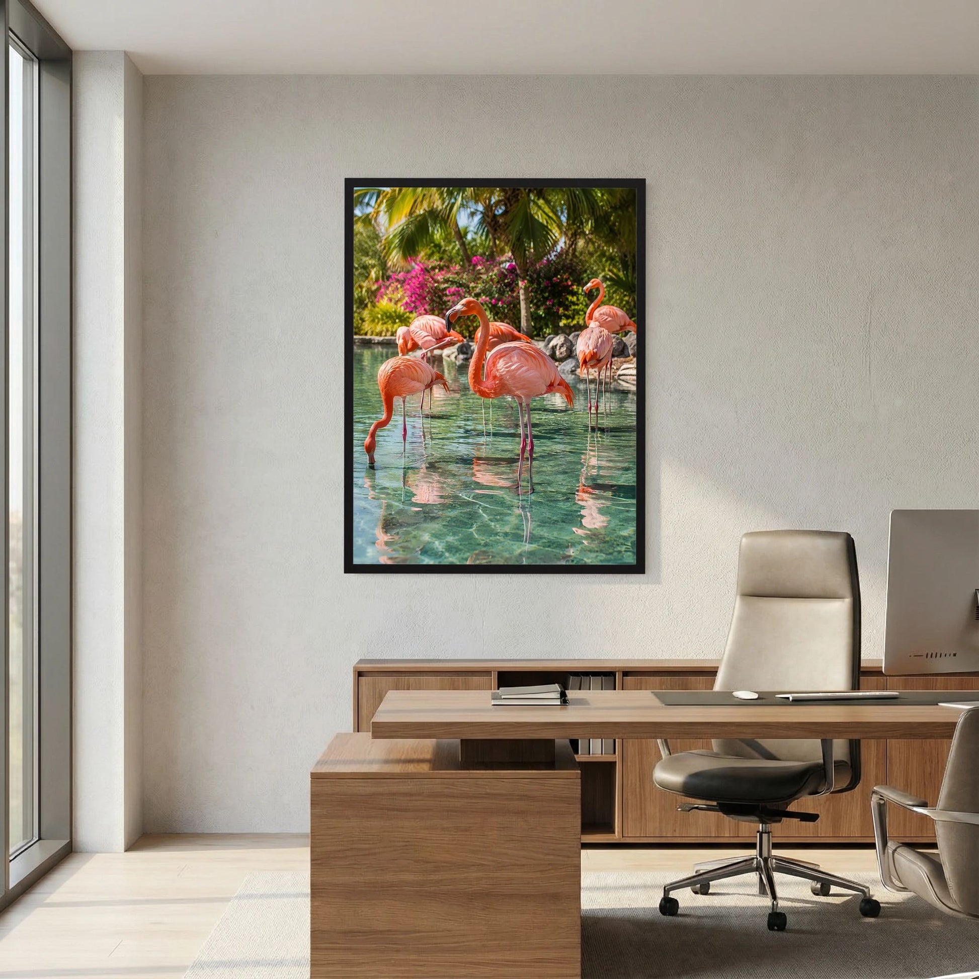Wandposter im schwarzen Rahmen mit rosa Flamingos im Wasser vor farbigen Blüten