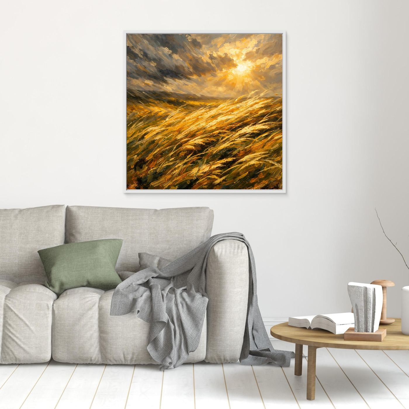 Leinwandbild mit goldenem Getreidefeld im Wind und leuchtender Sonne, quadratisch, weißer Rahmen
