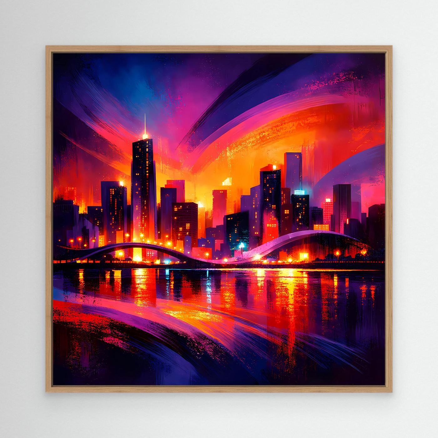 Wandbild auf Leinwand mit Neon-Großstadt-Skyline bei Nacht im Eichenrahmen