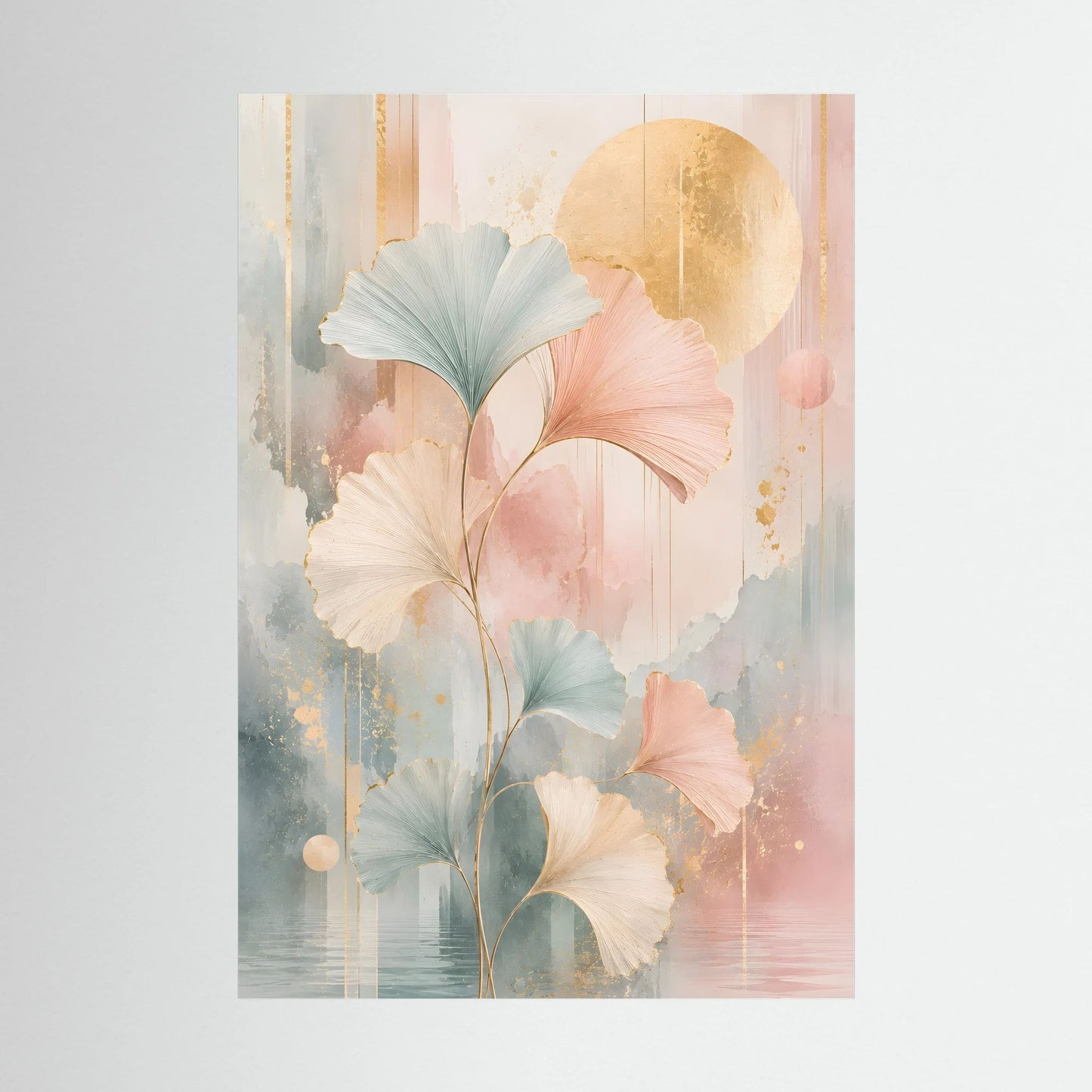 Hochformatiges Kunstposter mit Ginkgo-Blättern in Pastellrosa, Salbeigrün und goldenen Punkten