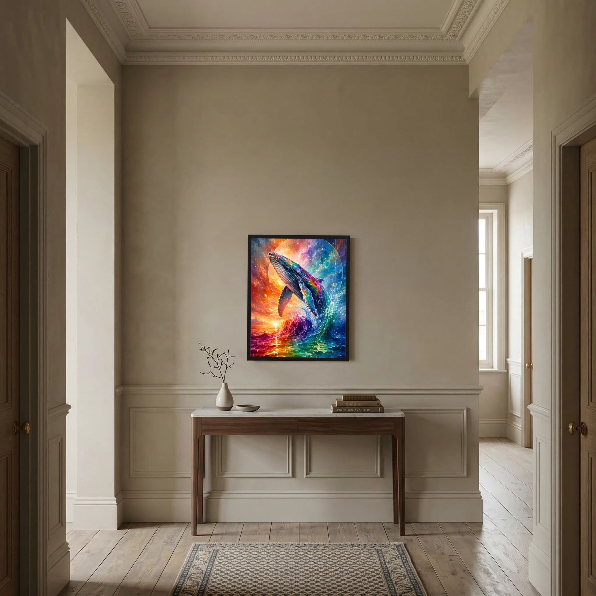 Wandposter im Hochformat mit Wal über Wellen in Regenbogenfarben und leuchtenden Farben