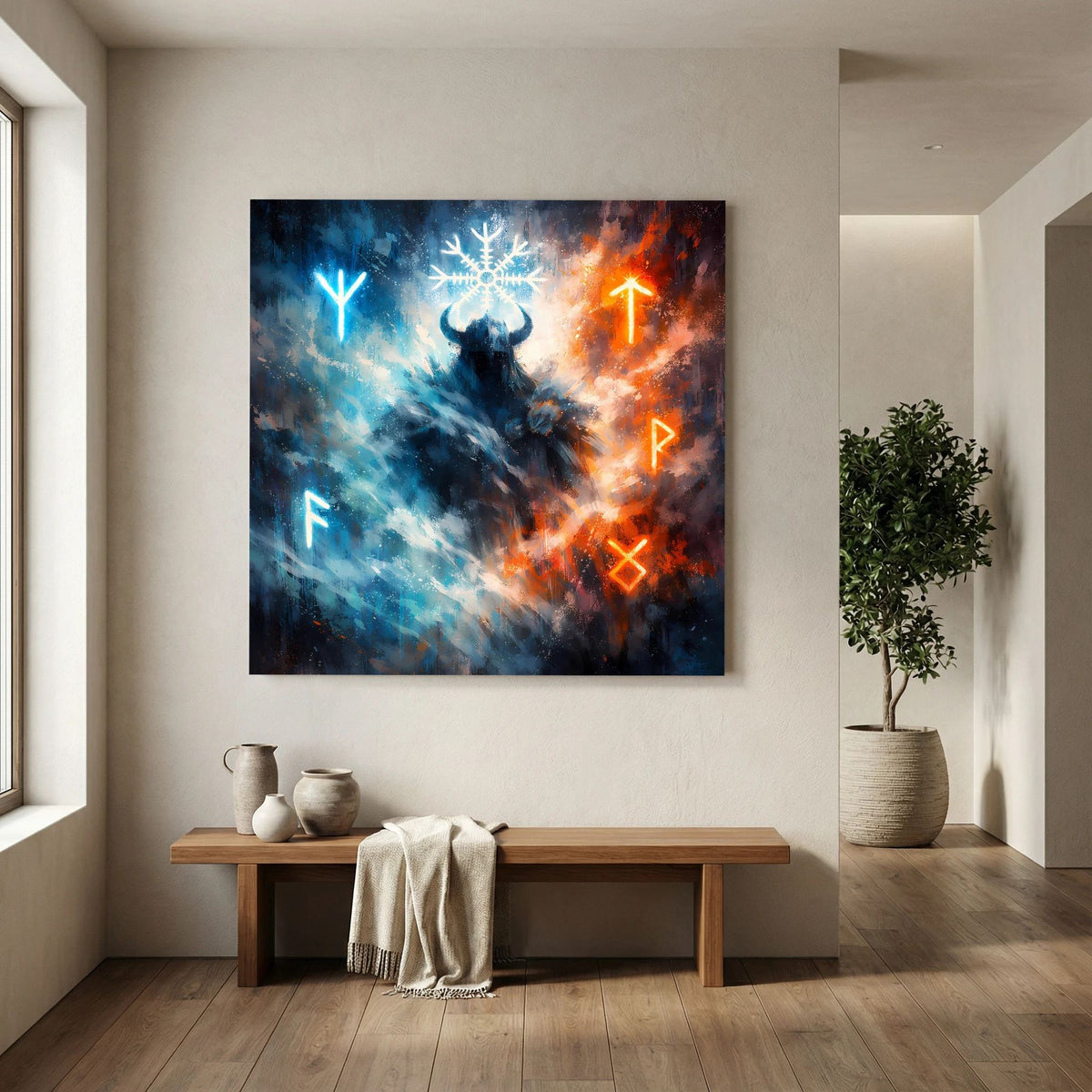 Wandbild auf Leinwand mit Wikingerkrieger-Silhouette, leuchtende Runen und Schneeflockenmotiv