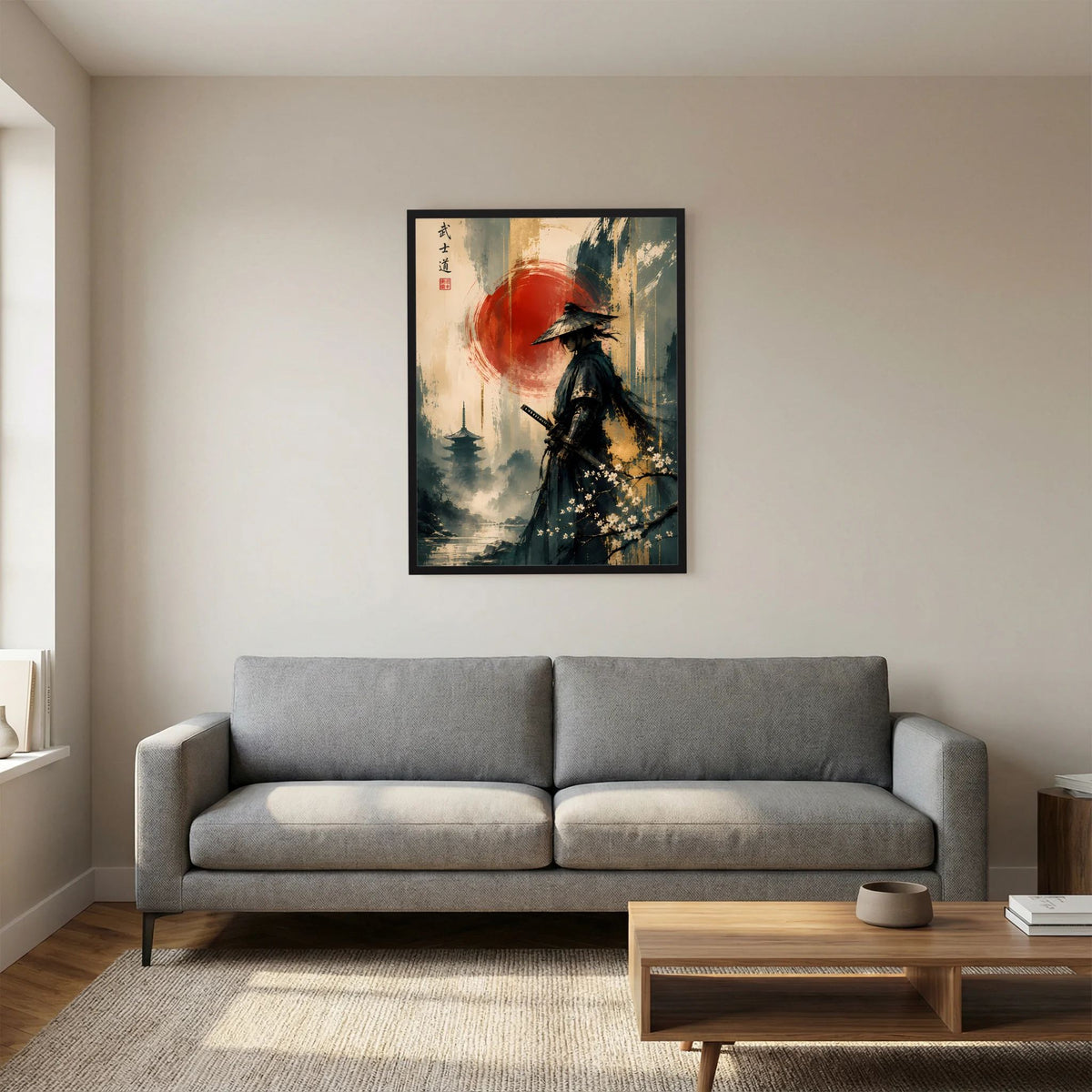 Gerahmtes Poster: Samurai vor roter Sonne, aquarellartige Texturen und Kirschblüten