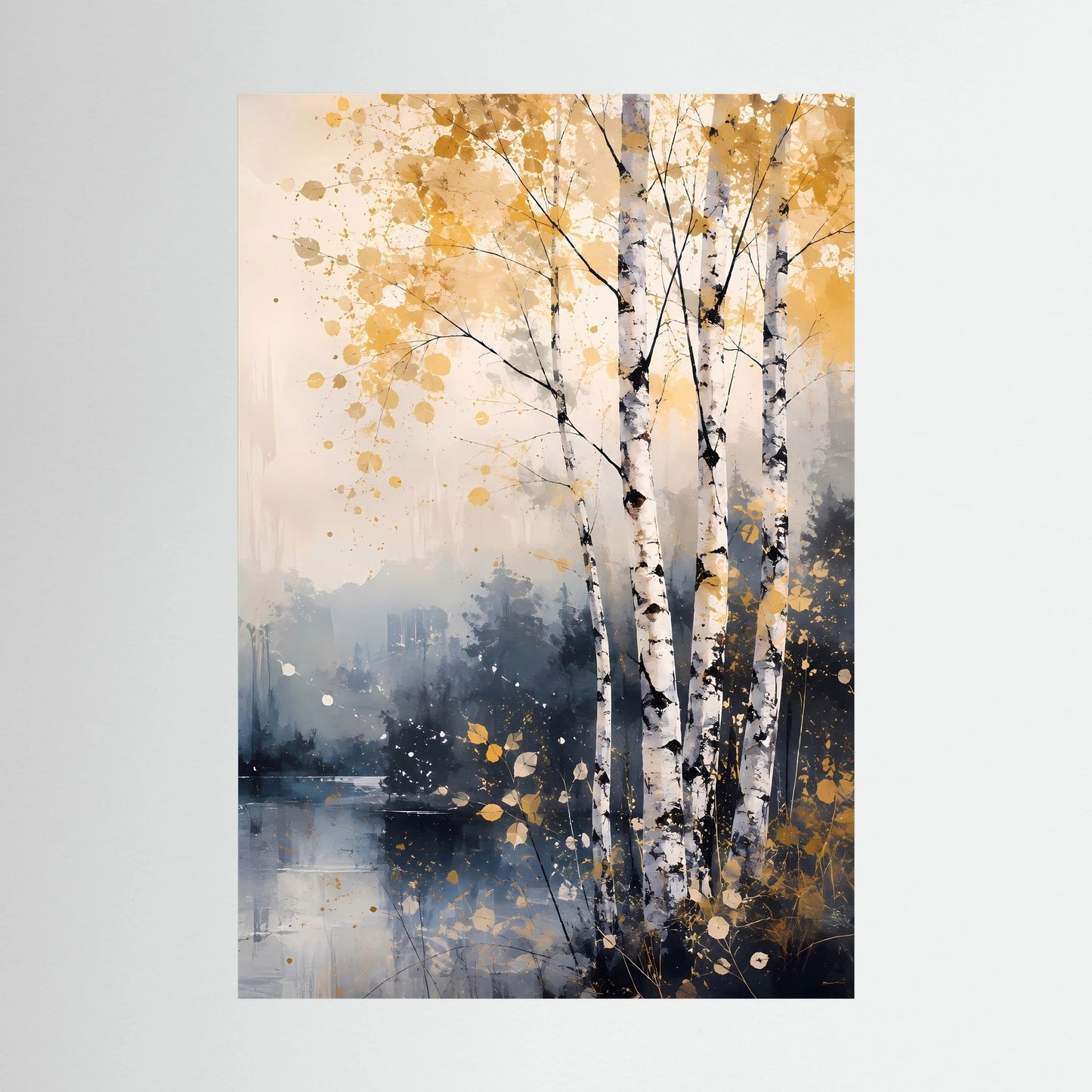 Poster mit abstrakten Birken am See, Hochformat, goldene Sprenkel, dunkler See