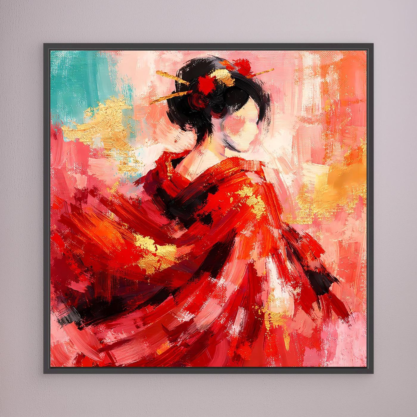 Leinwandbild mit Geisha in rotem Kleid, abstrakte Pinselstriche, schwarzer Rahmen