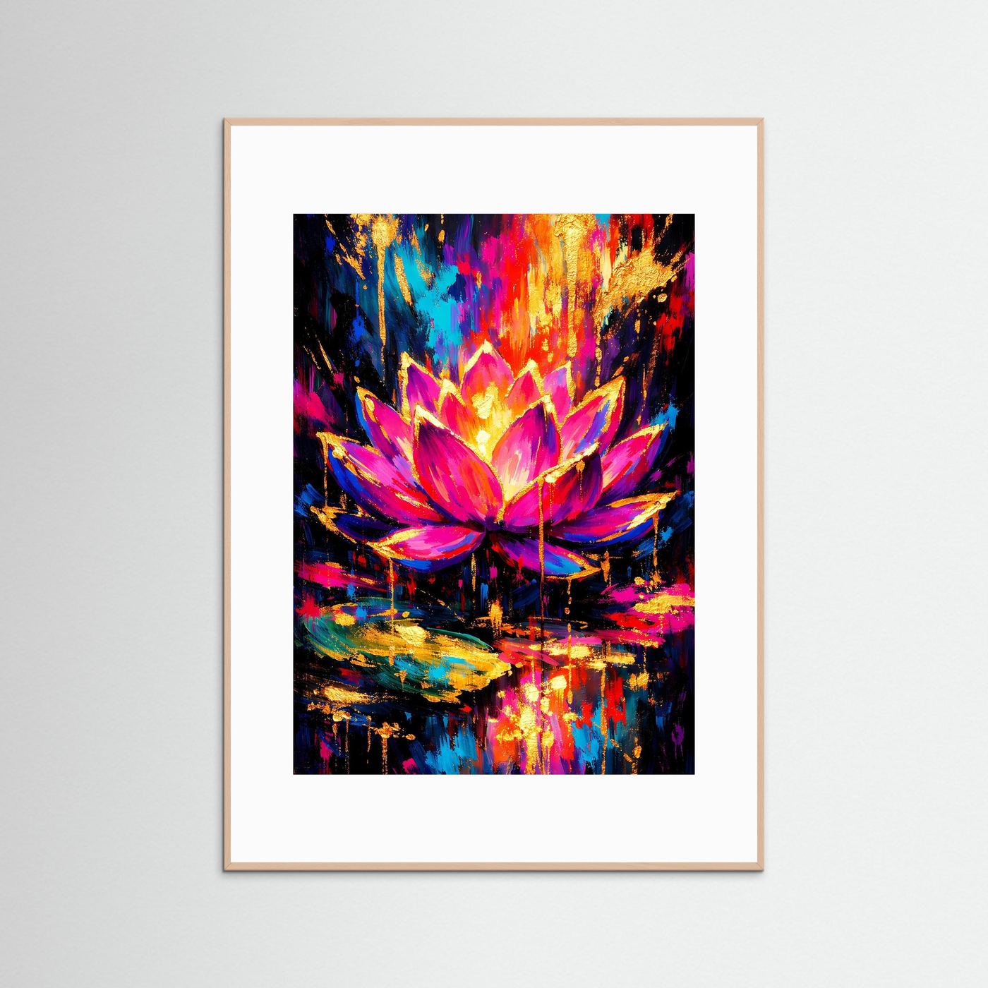 Kunstposter mit abstrakter Lotusblüte in Neonfarben, in weißem Rahmen