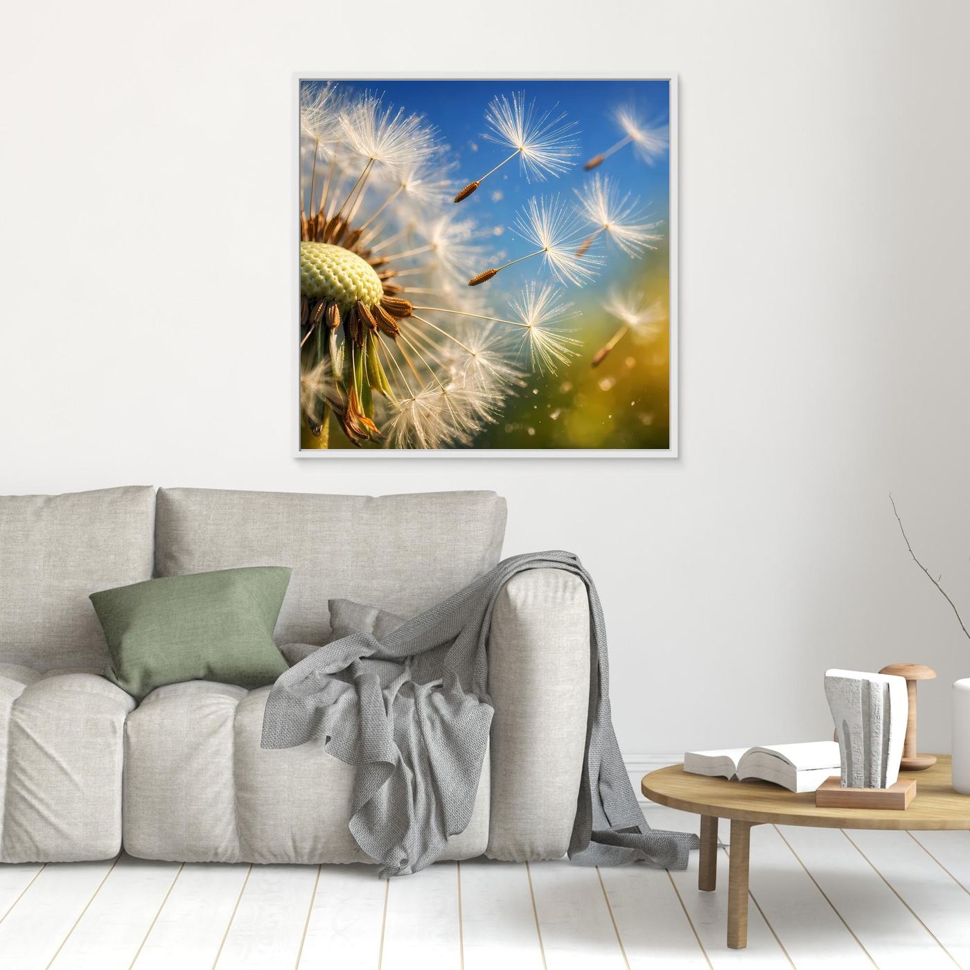 Quadratisches Leinwandbild mit fliegenden Pusteblumen und Löwenzahn, brauner Rahmen