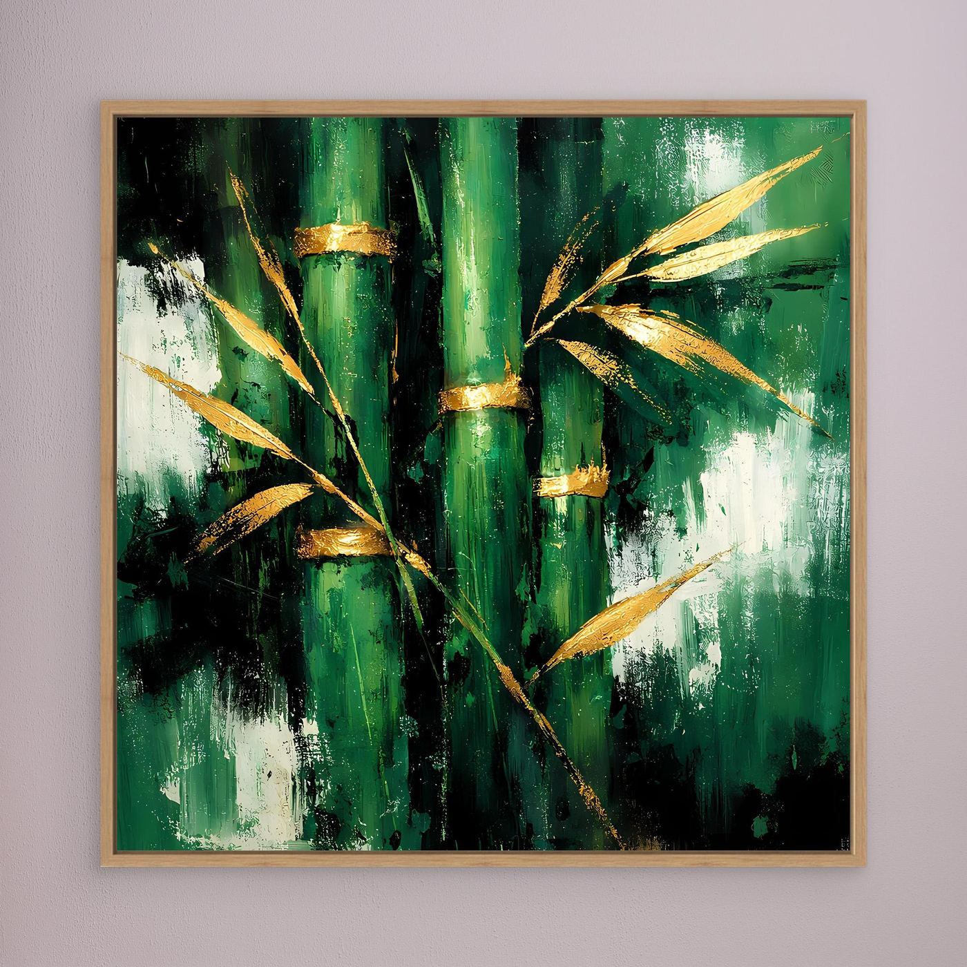 Leinwand Abstraktes Bambus Gemälde in Grün und Gold | Modernes Natur Wandbild