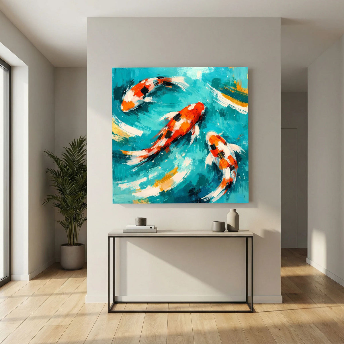 Wandbild mit Koi-Karpfen auf türkisgrünem Wasser, orange-weiße Fische mit schwarzem Muster