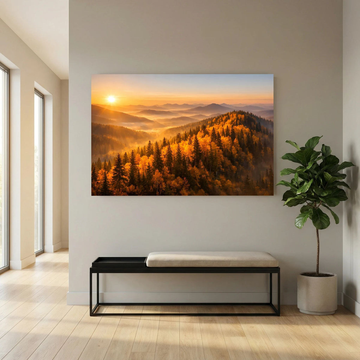 Querformat-Wandbild: sonniger Herbstwald mit Bergen und weichem Morgennebel