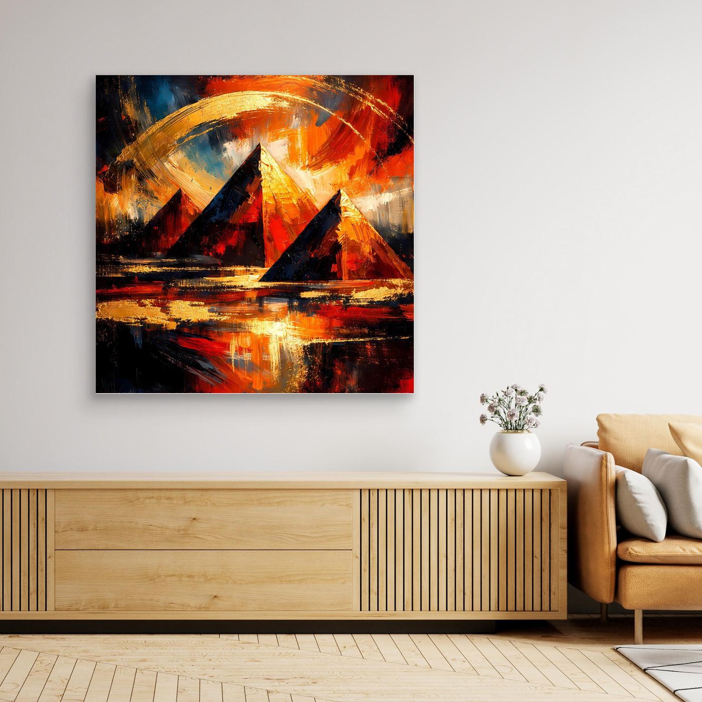 Leinwandbild mit abstrakten Pyramiden in Gold, Rot und Blau, mit dunklem Rahmen
