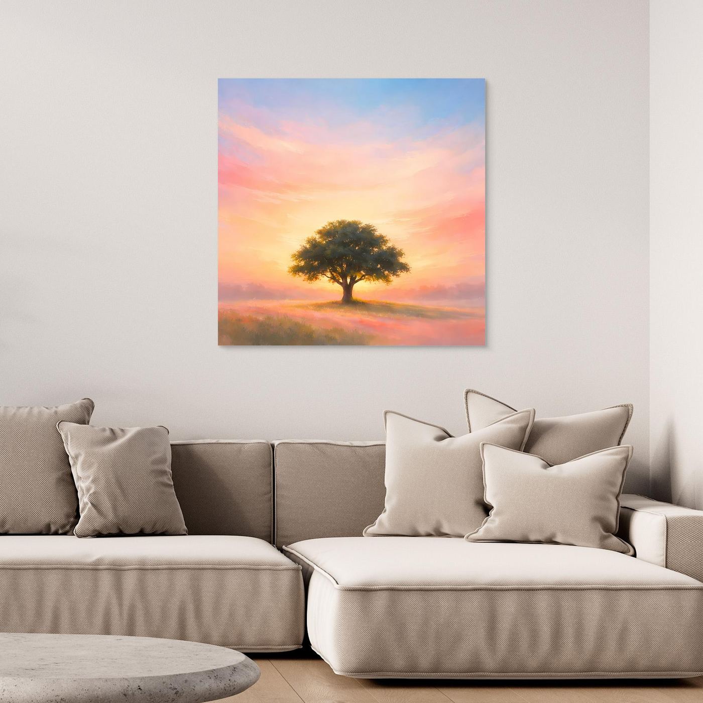 Leinwandbild einsamer Baum im Sonnenaufgang, pastellfarben, ohne Rahmen