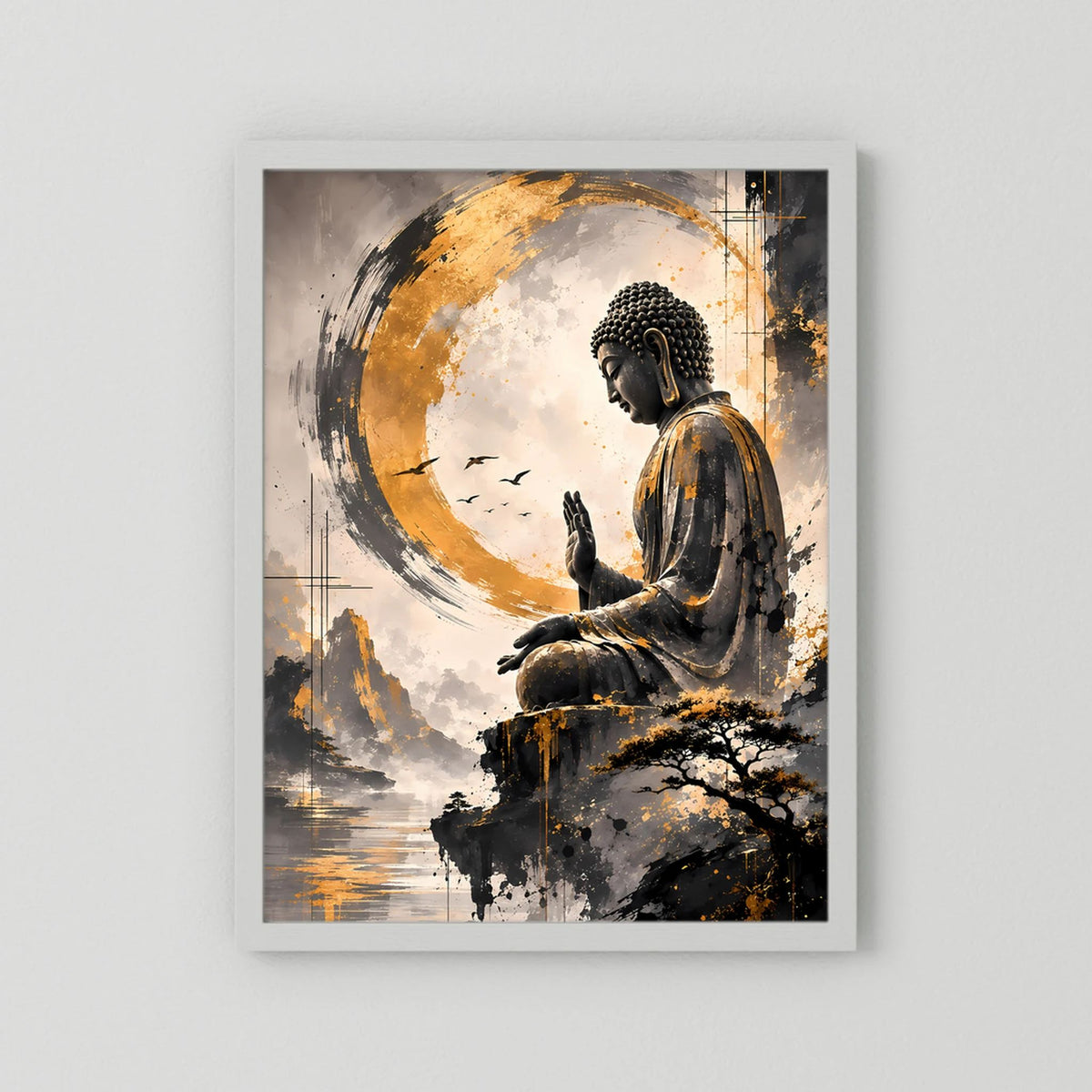 Zen-Poster mit sitzendem Buddha im goldenen Kreis, weißer Rahmen