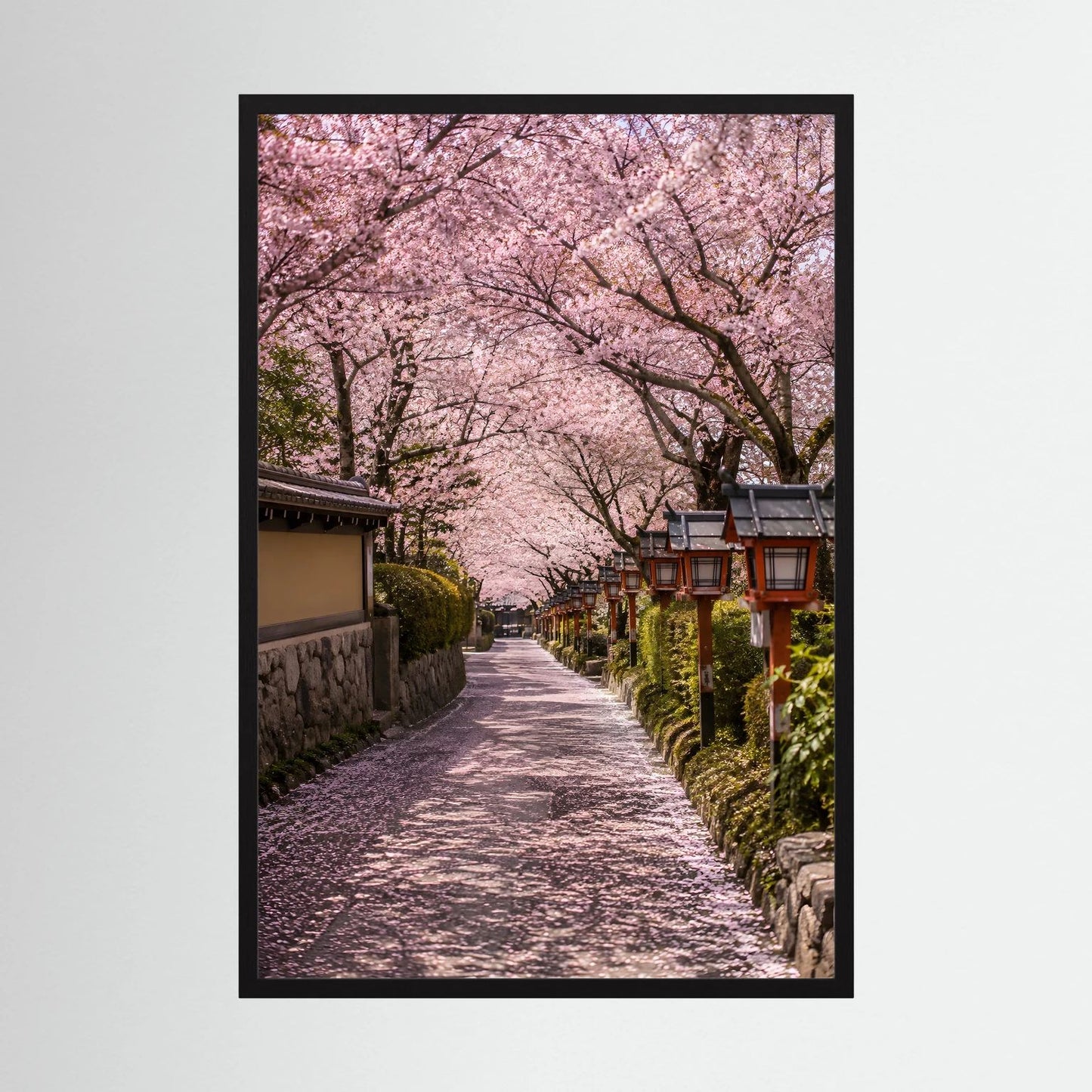 Wandposter im Hochformat mit schwarzem Rahmen, rosa Kirschblütenallee mit Laternen