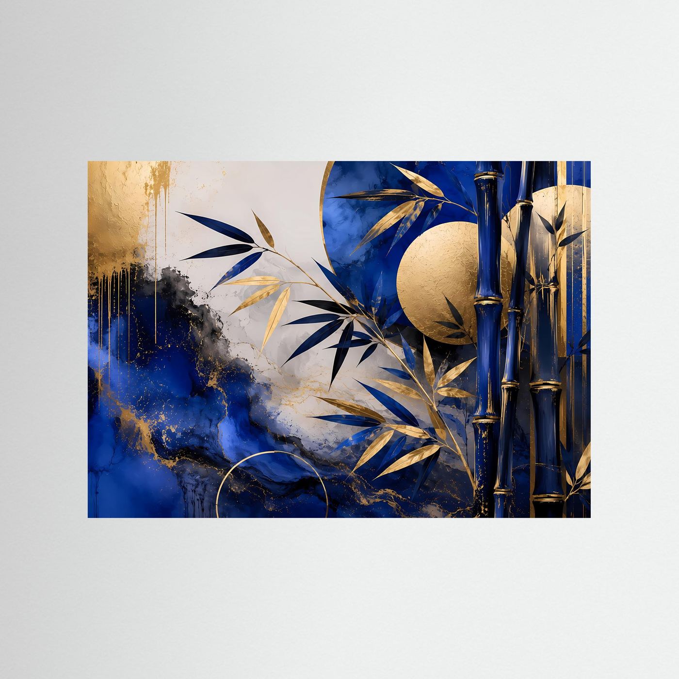 Bambus Gold Blau Poster | Japanische Wandkunst Modern | Abstraktes Bambus Wandbild in Blau und Gold