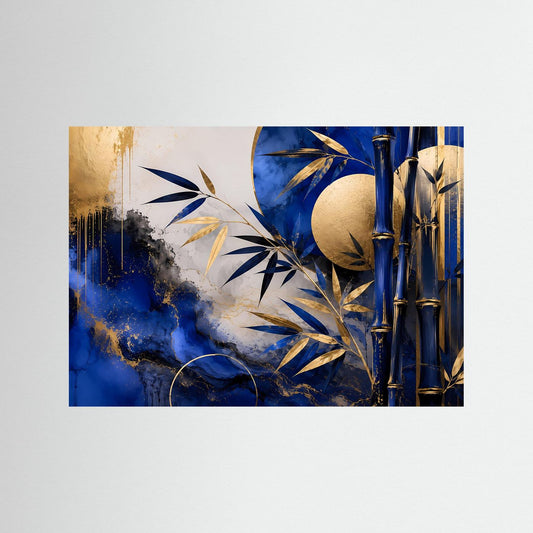 Abstraktes Bambus-Wandbild in Blau und Gold mit Bambusstangen und Blättern