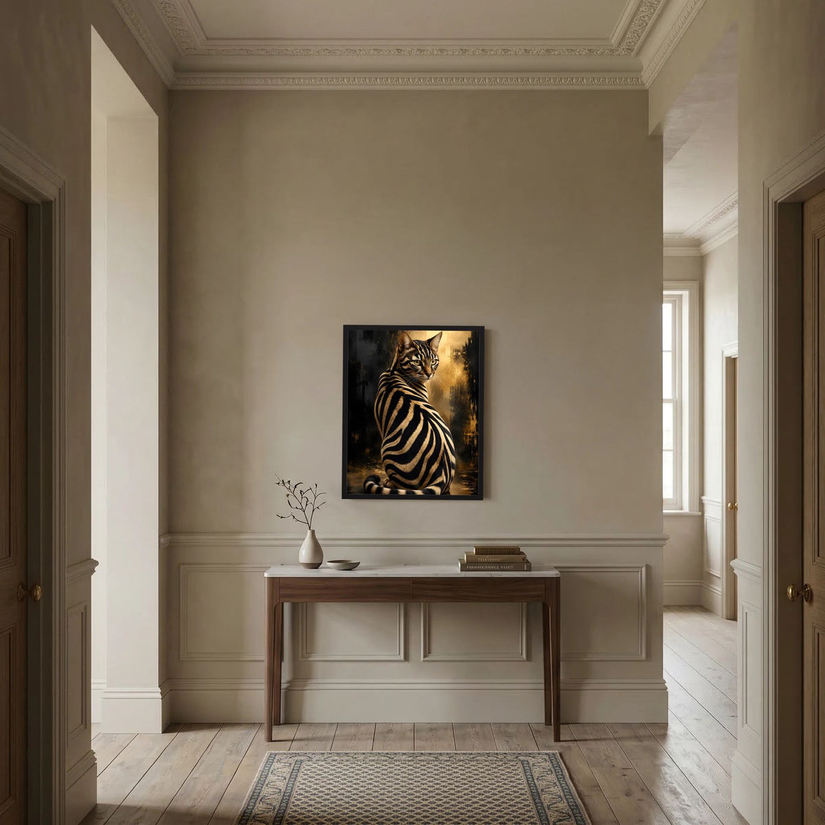 Zebra-Katze Poster in Schwarz-Gold auf Wand zwischen Holz-Türen, Flur