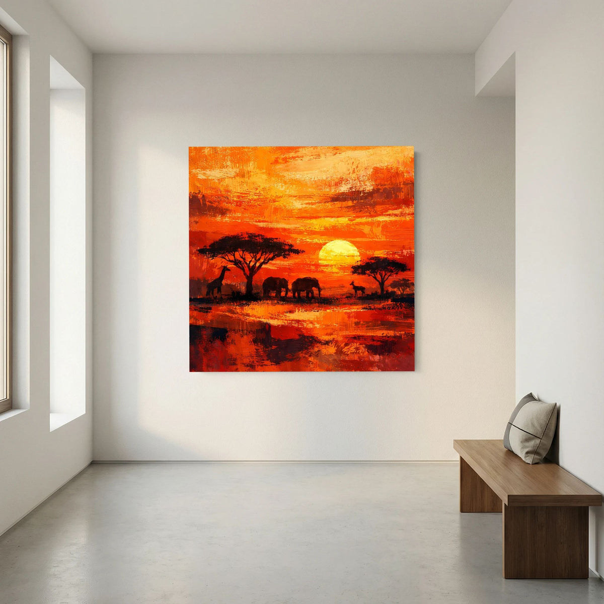 Leinwand-Wandbild Savanne mit goldenem Sonnenkreis, dunklen Bäumen und Elefantenherde